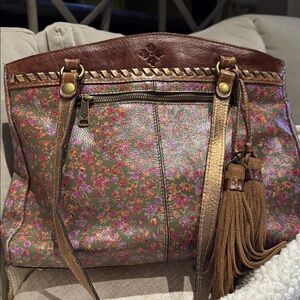 Patricia Nash Dark Brown Floral Leather Shoulder Bag tote fringe Nashville